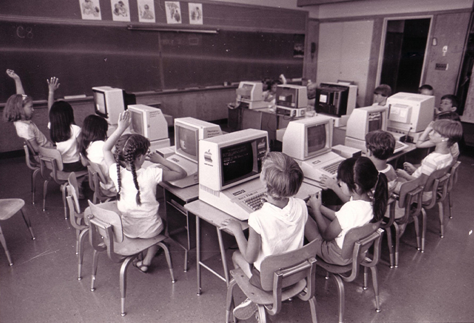 Student in a computer classroom circa 1985